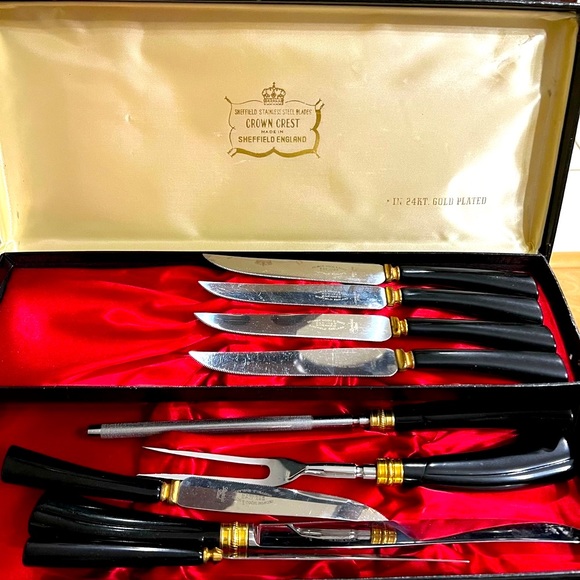 24KT GOLD Plate 3 PC Carving Set with 6 Steak Knives in Original Box ENGLAND. - Picture 3 of 13
